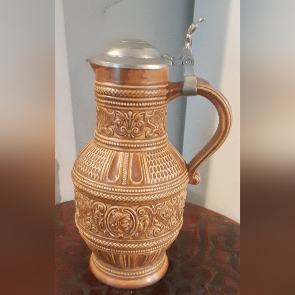 c1950 MARZI & REMY Salt Glazed Ironstone and Pewter Pitcher 8.25" Tall Germany